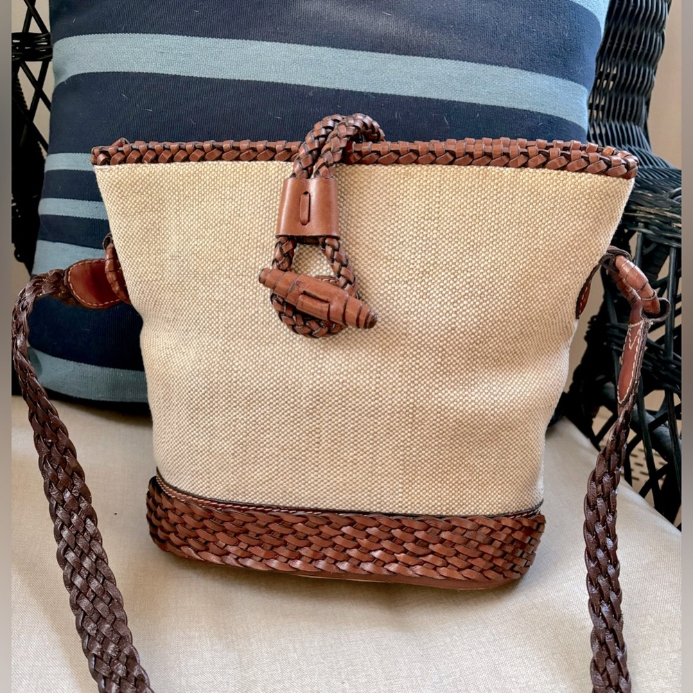 Canvas summer bag purse with woven braided trim, neutral/goes with anything GUC